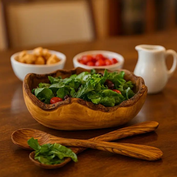 [NM-BW-OV-WD-SET] Olive Wood Rustic Salad Bowl w/ Serving Spoons from Naturally Med