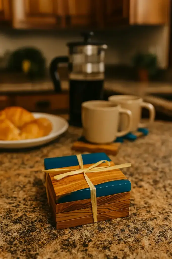 [NM-CS-SQ-BU-DC] Olive Wood 4" Coasters w/ Blue Resin (Set of 4) from Naturally Med