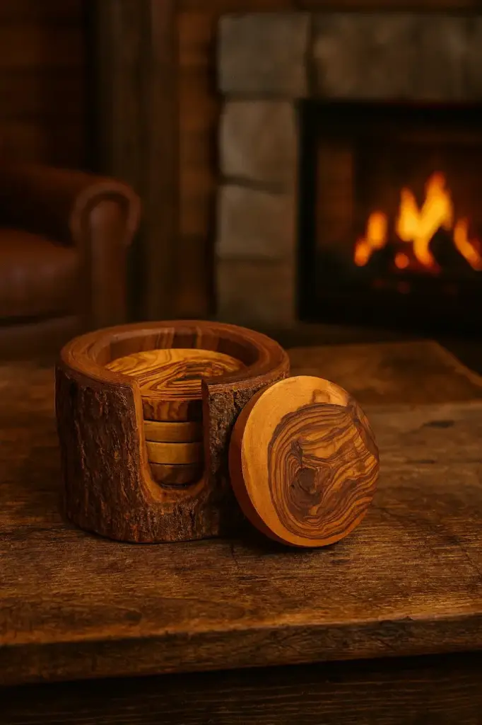 [AR-CH-03-WD-RU] Handmade Olive  Wood Coasters with Holder (Set of 5, 3") from ArtisRaw (Limited Time Only)