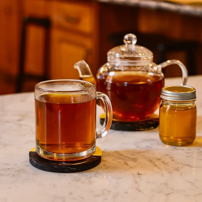 [AM-CS-RD-BL-DC] Coasters 4" Round Wood & Black Marbled Resin (Set of 2)