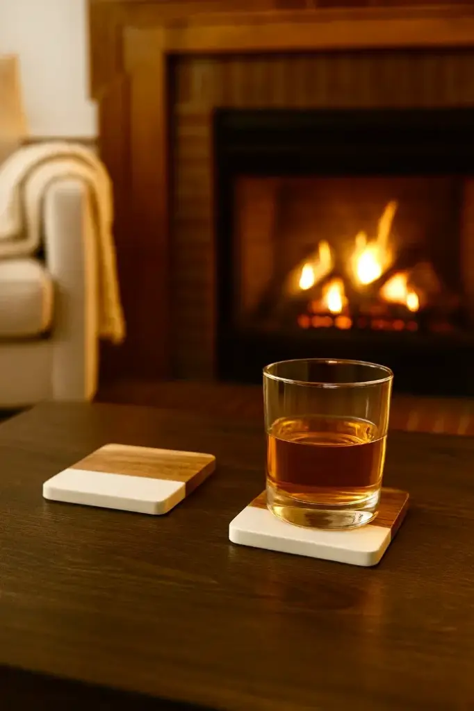 Coasters 4" Square Wood & White Marbled Resin (Set of 2)