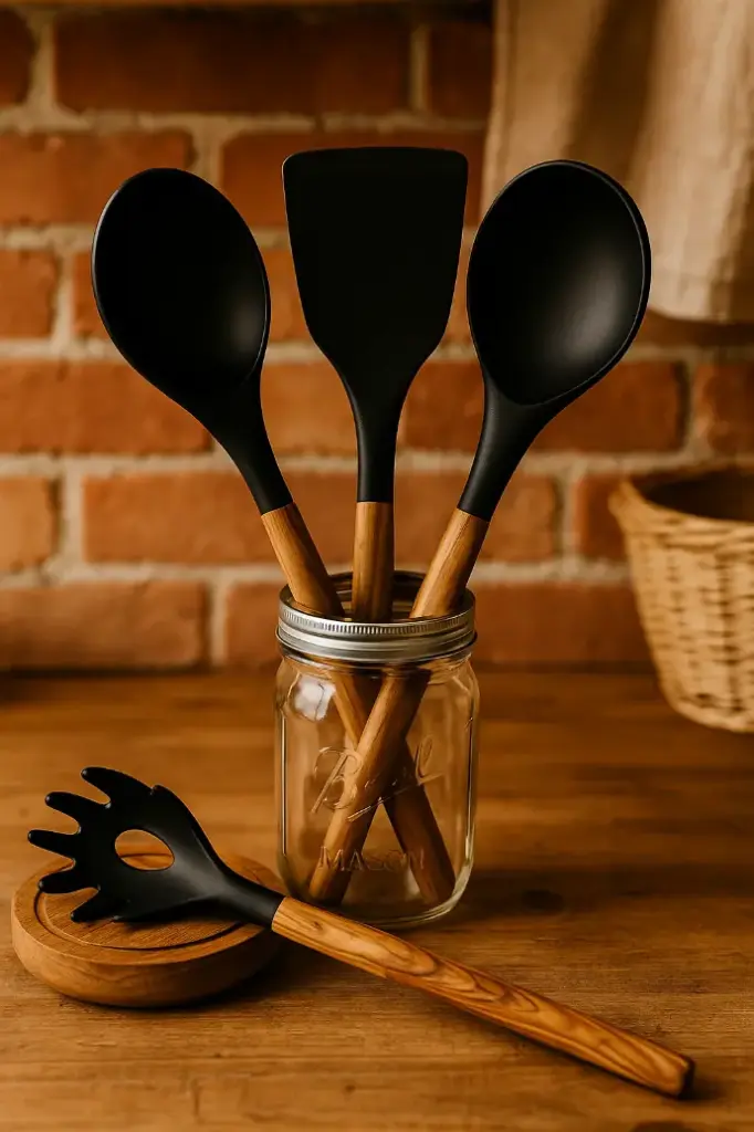 [NM-KU-12-BL-SV] Olive Wood & Silicone Kitchen Utensils from Naturally Med (Black)
