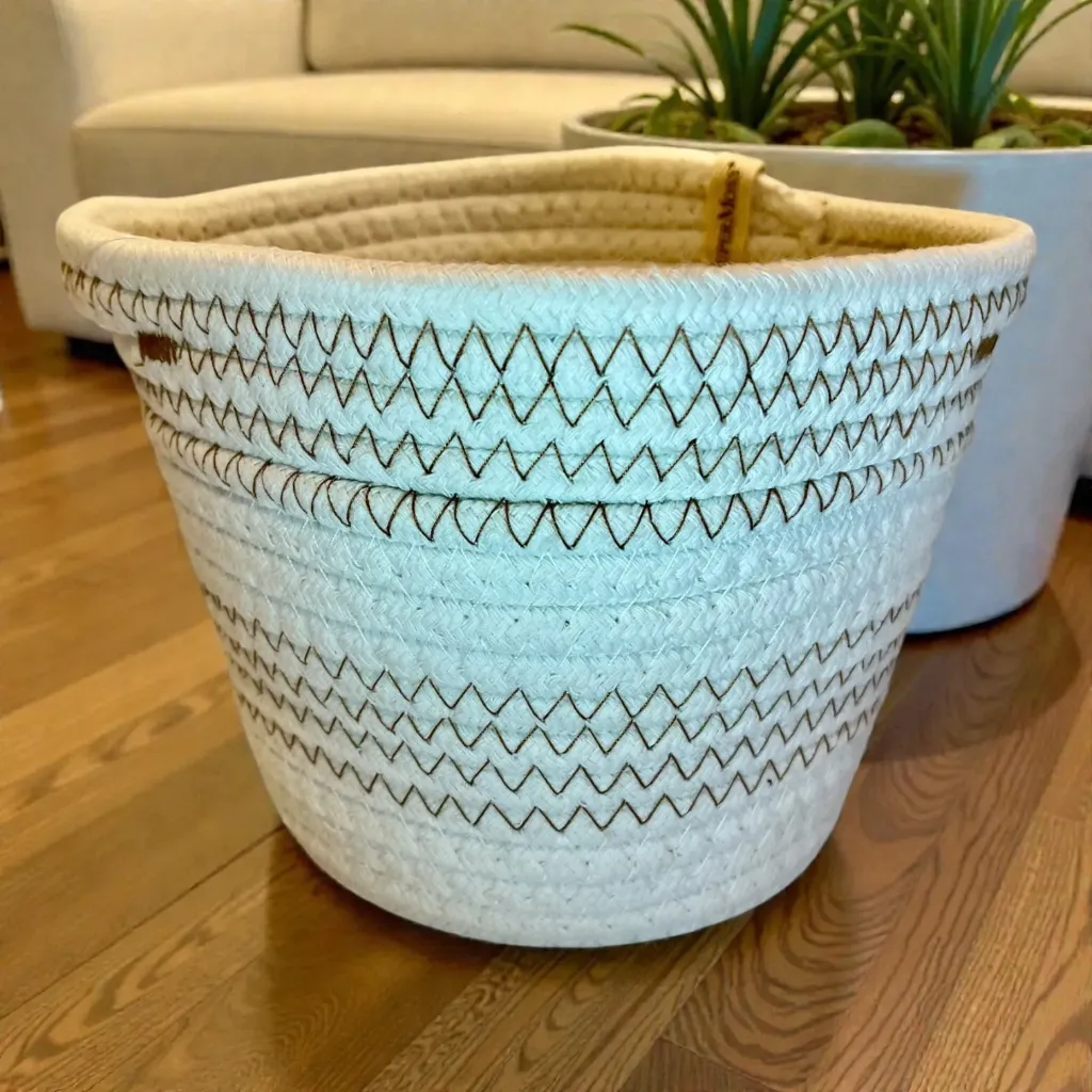 Handmade Soft Weave Planter with White Base & Brown Accents - Ideal For 6" Drop In Pot