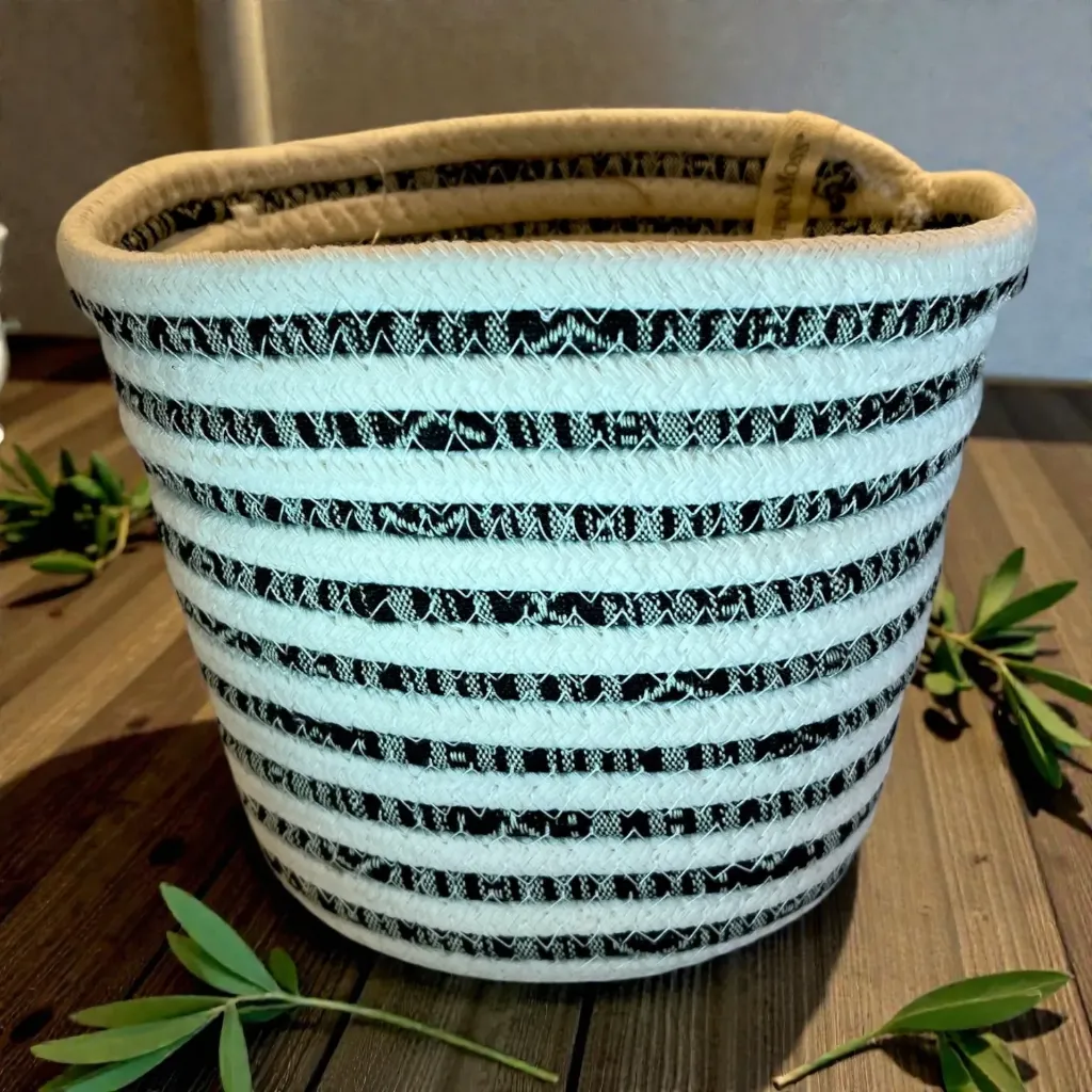 Handmade White & Textured Black Soft Weave Planter - Ideal For 6" Drop In Pot