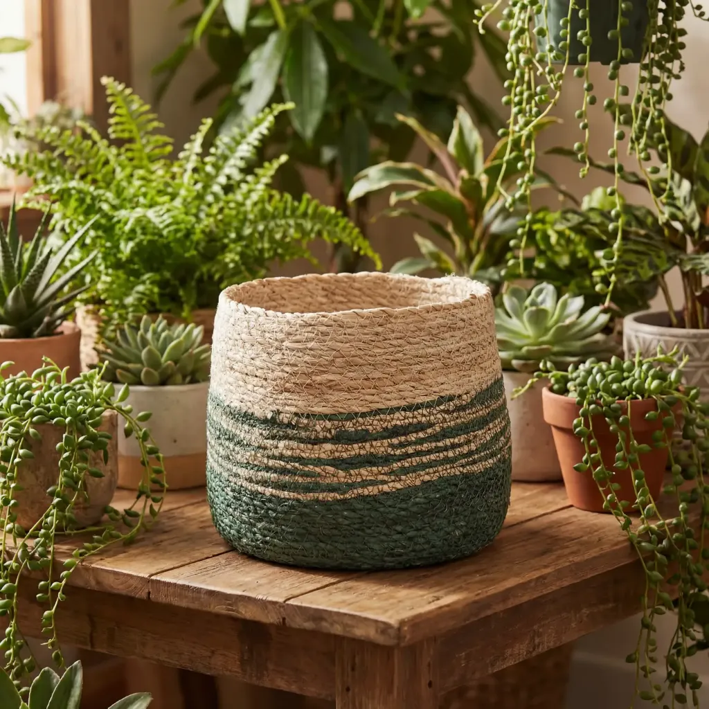 [CJ-PB-10-GR-BP] Seagrass Planter Basket with a Built-in Plastic Liner - 10" Green