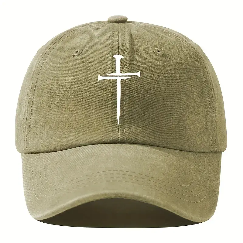 [MK-HT-FA-KH-UC] Vintage Washed Baseball Cap with Nail Cross Detail - Unisex Khaki